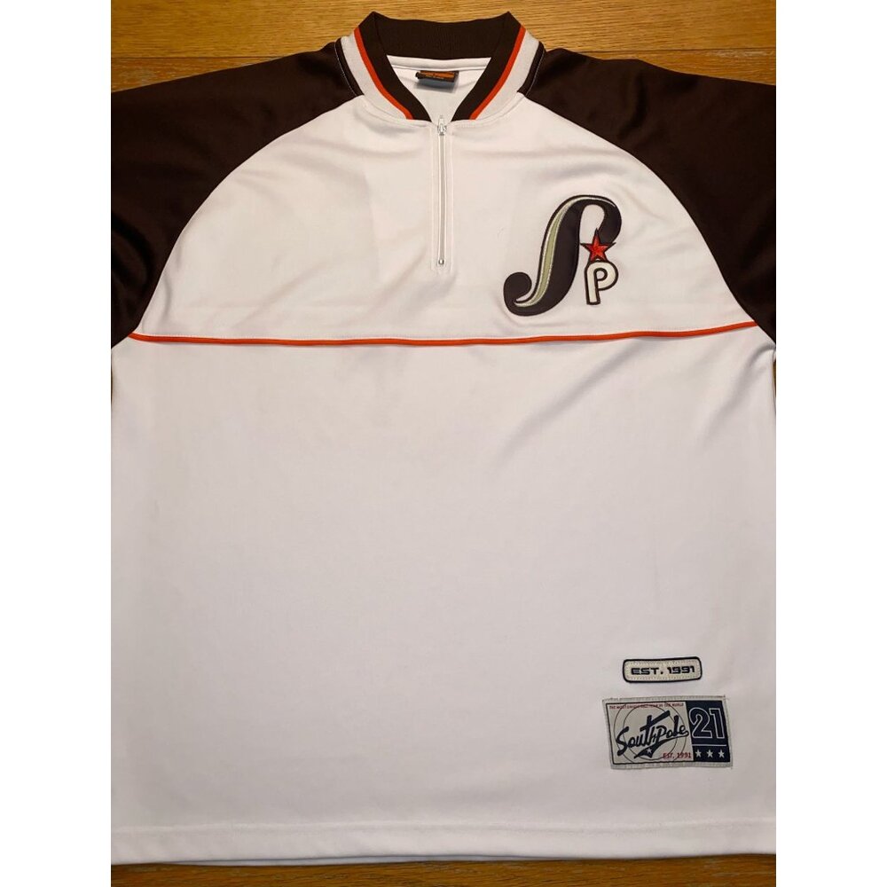 Southpole Vintage Style Polo Shirt L White & Brown Raglan Half-Zip Retro Sportsw
